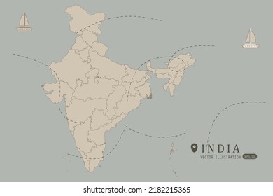 India Map - World Map International vector template High detailed with brown color isolated on grey background including simple point of location, wind, boat icon - Vector illustration eps 10
