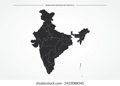 India Map - World Map International vector template with High detailed with black and white outline color isolated on white background - Vector illustration eps 10