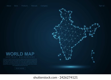 India Map - World Map mash line and point scales on blue technology background. Wire Frame 3D mesh polygonal network line, design sphere, dot and structure - Vector illustration eps 10