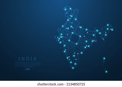 India Map - World map vector template with Abstract futuristic circuit board Illustration or High-tech technology mash line and point scales on dark background - Vector illustration ep 10