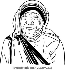 India, Mar 06 2022: Mother Teresa
Saint Roman Catholic Nun And Missionary Portrait Hand Drawn Line Art Illustration