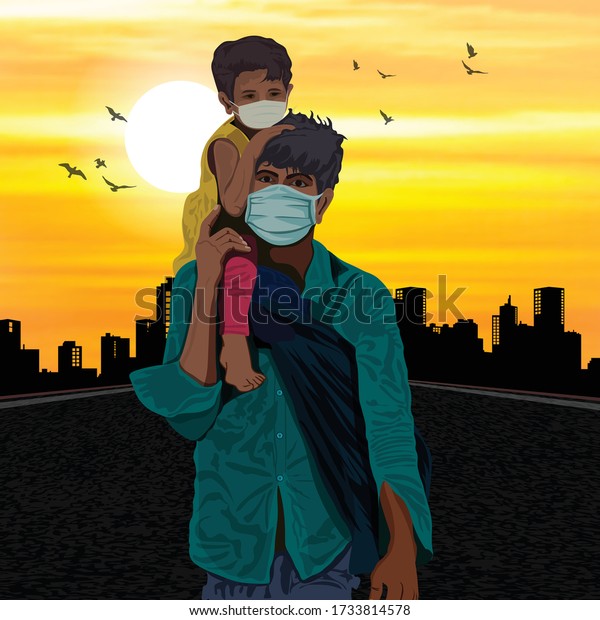 INDIA - MAY 17, 2020: Migrant\
worker walk on the highway on their journey back home during a\
nationwide lockdown to fight the spread of the COVID-19\
coronavirus.