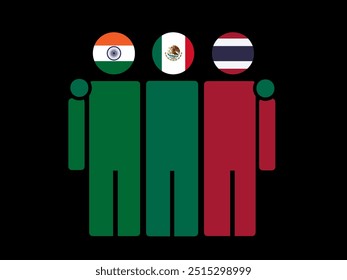 India, Mexico, and Thailand National Flags With Embracing Body. Vector Illustration. Isolated background.
