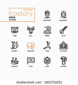 India - Modern Line Design Style Icons Set. Travel, Traditions And Culture Concept. Indian Boy And Girl, Tiger, Sitar, Monkey, Elephant, Yoga, Taj Mahal, Candles, Flag, Mask, Djembe Black Pictograms