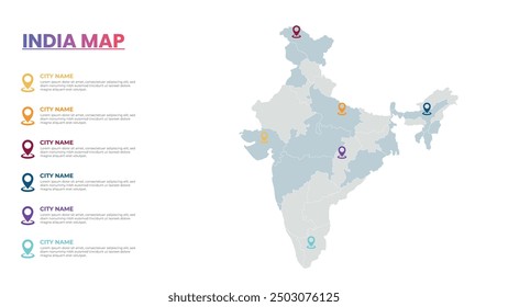 India Modern Map Infographic Template, Detailed infographic map of India Popular City