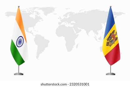 India and Moldova flags for official meeting against background of world map.