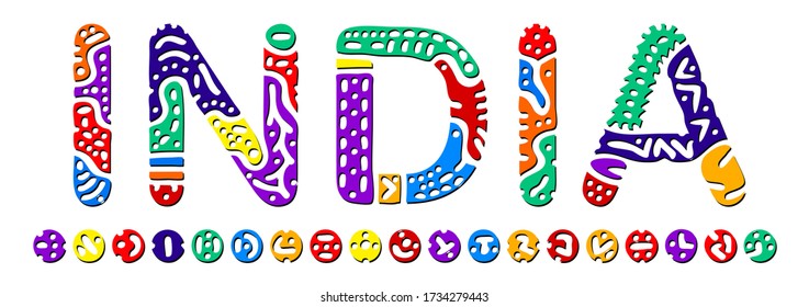 India. Multicolored bright isolate inscription. Colored curves decorative doodle letters. India for print, clothing, indian t-shirt, souvenir, booklet, banner, flyer, ads. Stock vector picture.