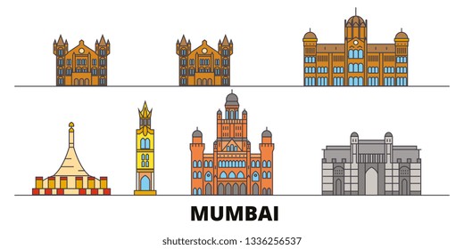 India, Mumbai 2 flat landmarks vector illustration. India, Mumbai 2 line city with famous travel sights, skyline, design. 