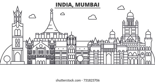 India, Mumbai architecture line skyline illustration. Linear vector cityscape with famous landmarks, city sights, design icons. Landscape wtih editable strokes