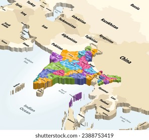 India municipalities map with neighbouring countries and territories vector map