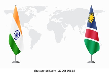Banderas de India y Namibia para una reunión oficial en el fondo del mapa mundial.