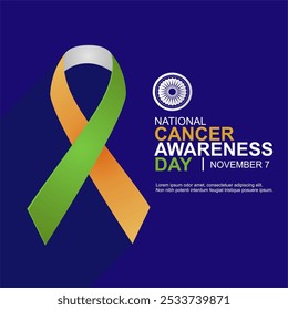 India Día Nacional de Concienciación sobre el Cáncer 7 de noviembre de 2024 Diseño de fondo con cinta tricolor de la India y emblema nacional. Anuncio y cartel de la mejor campaña de concienciación sobre el cáncer en la India. 