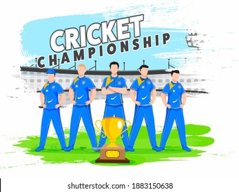 India National Cricket Team with Winning Trophy on Brush Stroke Effect Stadium Background for Championship.