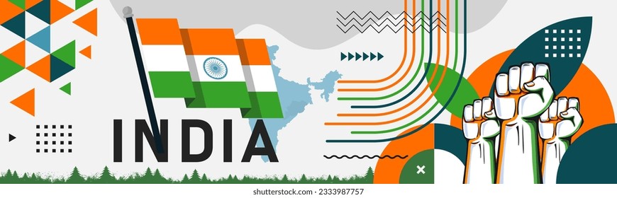 India national day banner, flag colors background and geometric abstract modern orange white green design. Indian independence day corporate business theme. South Asia Patriots Vector Illustration.