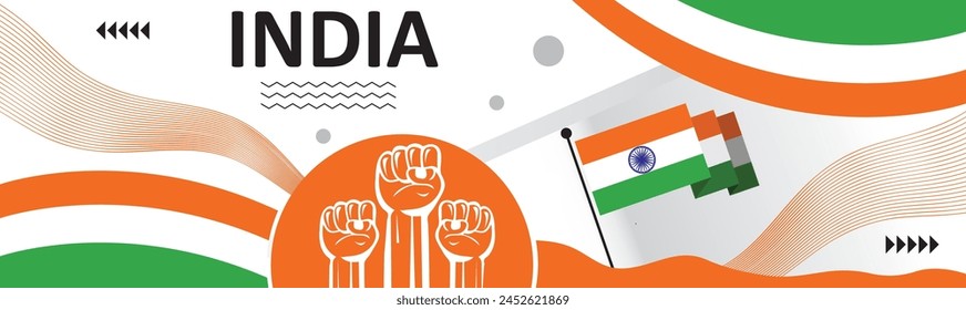 India national day banner flag color background,creative independence day banner with raising hand. Poster, card, banner, template, for Celebrate annual.