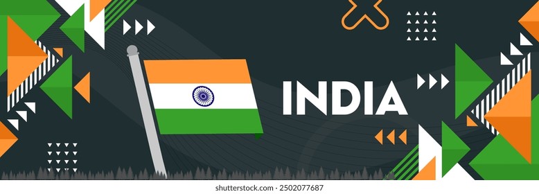 India national day banner, Indian flag colors theme background and geometric abstract retro modern Design. Indian independence day theme. South Asia Vector Illustration.