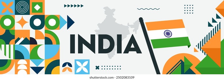 India national day banner with Indian map, Indian flag colors background and geometric abstract modern design. Business theme Indian independence day. South Asia Vector Illustration.