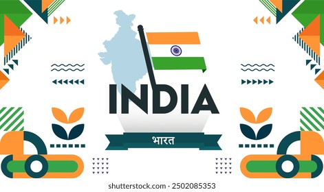 India national day banner with Indian map and flag, Bharat flag colors background and geometric abstract modern design. Business theme Indian independence day. South Asia Vector Illustration.