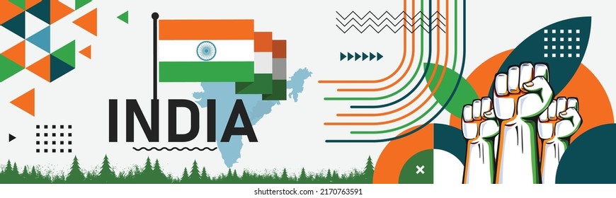 India national day banner with map, flag colors theme background and geometric abstract retro modern orange white green design. Indian independence day theme. South Asia Patriots Vector Illustration.