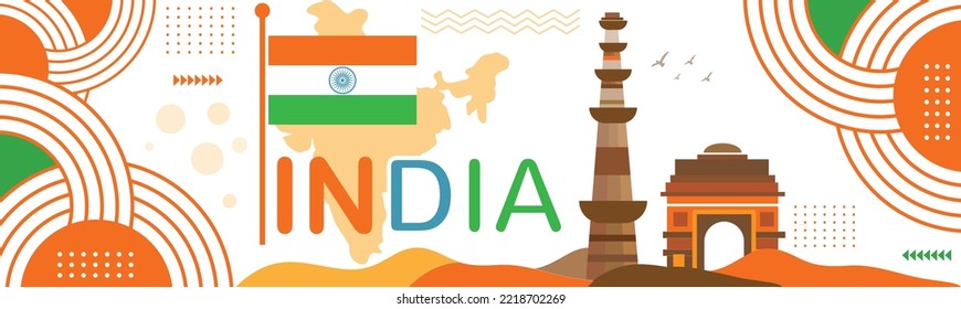 India national day banner with map, flag colors theme background and geometric abstract retro modern orange white green design. Indian independence day theme..eps