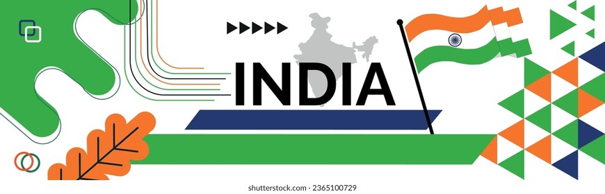 INDIA national day banner with map, flag colors theme background and geometric abstract retro modern colorfull design with raised hands or fists.