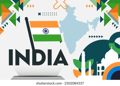 India national day banner Post with Indian map, Indian flag colors background and geometric abstract modern design.  Indian independence day with historical building. South Asia Vector Illustration.