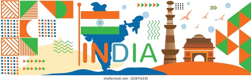 India national day colorful banner vector illustration, geometric abstract retro modern orange white green design. Indian independence day theme..eps