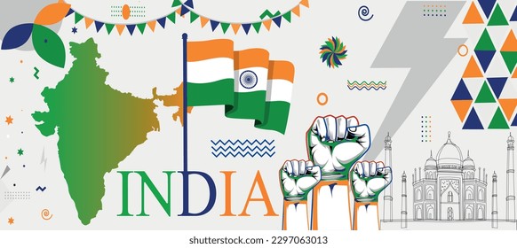 Banner temático del Día Nacional de la India o Día de la Independencia de la India con bandera del mapa y los colores. Resumen de diseño geométrico retro moderno de color verde anaranjado. Ilustración de vectores patriotas de Asia del Sur