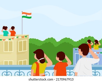 India National Festival Celebration Background With Indian People Saluting Flag At Their Roof Of Buildings.