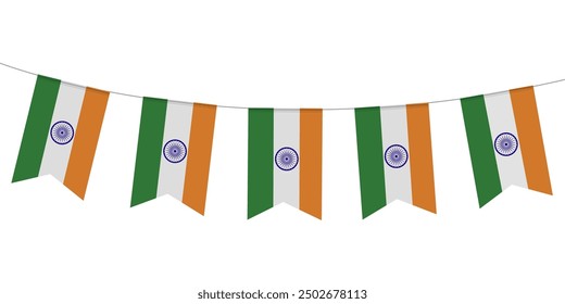 India National flag of buntings swallowed shape isolated on white background.