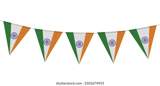 India National flag of buntings triangle shape isolated on white background.