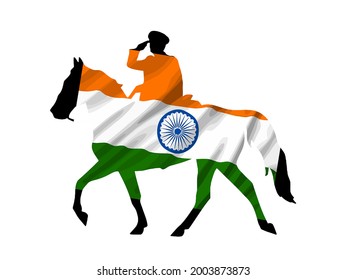 India national flag pinned on stallion horse and officer silhouette