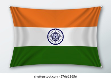 India national flag. Symbol of the country on a stretched fabric with waves attached with pins. Realistic vector illustration.
