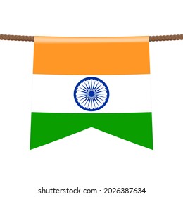 india national flags hangs on the ropes on white background. The symbol of the state in the pennant hanging on the rope. Realistic vector illustration.