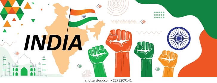 India national Independence day banner with India flag colors, map in background and geometric abstract design, human hand, raised fist, people's unity suitable for national celebrations and festivals