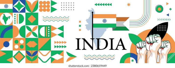 Diseño de pancartas del Día de la Independencia o Nacional de la India para la celebración del país. Bandera y mapa de India con puños elevados. Diseño retro moderno con iconos geométricos abstractos. Ilustración vectorial.