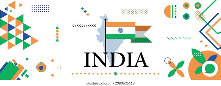 Diseño de pancartas del Día de la Independencia o Nacional de la India para la celebración del país. Bandera y mapa de la India con iconos geométricos retro y abstracto modernos. Ilustración vectorial.	
