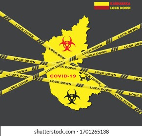 India National Karnataka State Lockdown Due To Coronavirus Crisis Covid-19 Disease. India Under Lockdown With Karnataka Map 