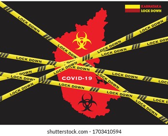 India National Karnataka State Lockdown Due To Coronavirus Crisis Covid-19 Disease. India Under Lockdown With Karnataka Map 