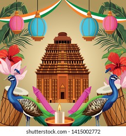 India National Monument With Peacock, Drums, Candle And Fireworks. India Tourism And Architecture. Vector Illustration Graphic Design