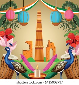 India National Monument With Peacock, Drums, Candle And Fireworks. India Tourism And Architecture. Vector Illustration Graphic Design