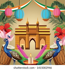 India National Monument With Peacock, Drums, Candle And Fireworks. India Tourism And Architecture. Vector Illustration Graphic Design