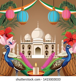 India National Monument With Peacock, Drums, Candle And Fireworks. India Tourism And Architecture. Vector Illustration Graphic Design