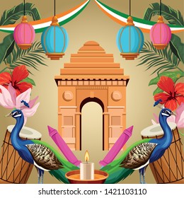 India National Monument With Peacock, Drums, Candle And Fireworks. India Tourism And Architecture. Vector Illustration Graphic Design