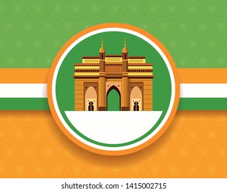 India national monument round frame on flag, green yellow and white colors. vector illustration graphic design