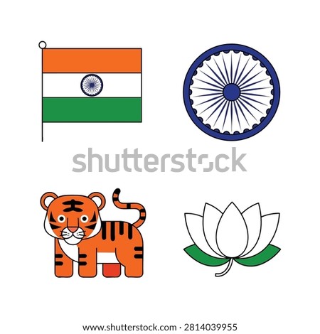 India National Symbols Vector Set: Flag Tiger Lotus Ashoka Chakra