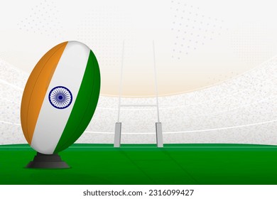 La selección nacional de rugby de la India en el estadio de rugby y en los puestos de gol, preparándose para un penal o patada libre. Ilustración vectorial.