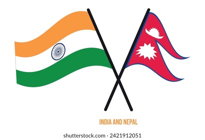 India and Nepal Flags Crossed And Waving Flat Style. Official Proportion. Correct Colors.