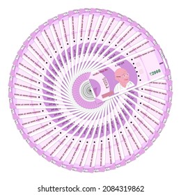 Indien neue 2000-Rupien-Währungsnoten auf weißem Hintergrund in kreisförmiger Draufsicht
