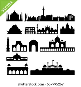 India, New Delhi landmark silhouettes vector
